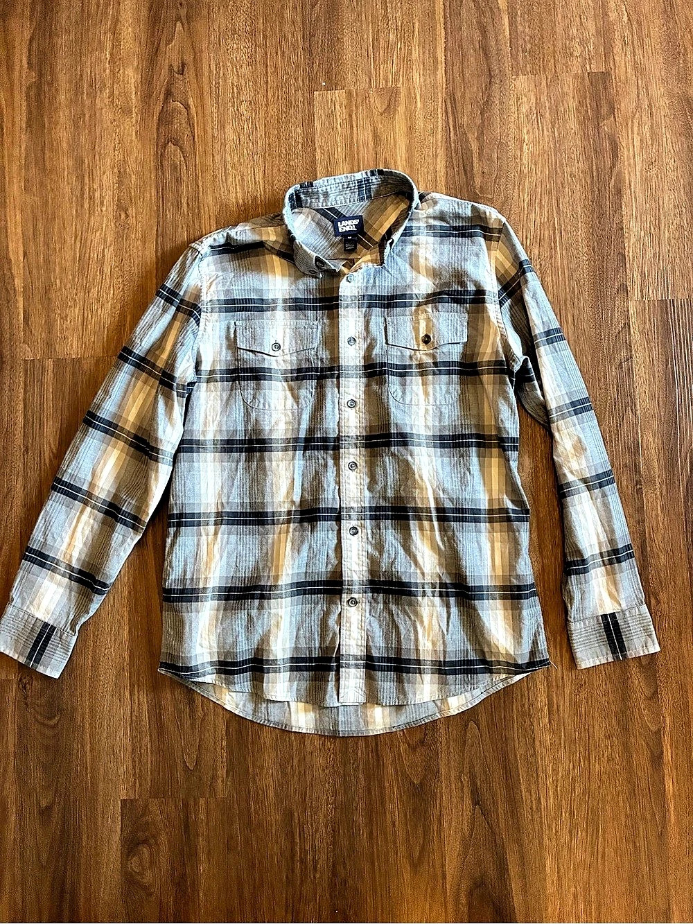 Lands' End Men’s Plaid Flannel Button-Down Shirt Pockets Gray Size M